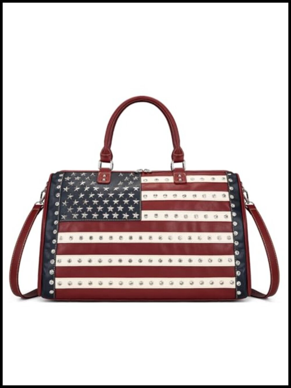 Faux Leather Studded American Flag Weekender Duffel Bag Travel Carry On